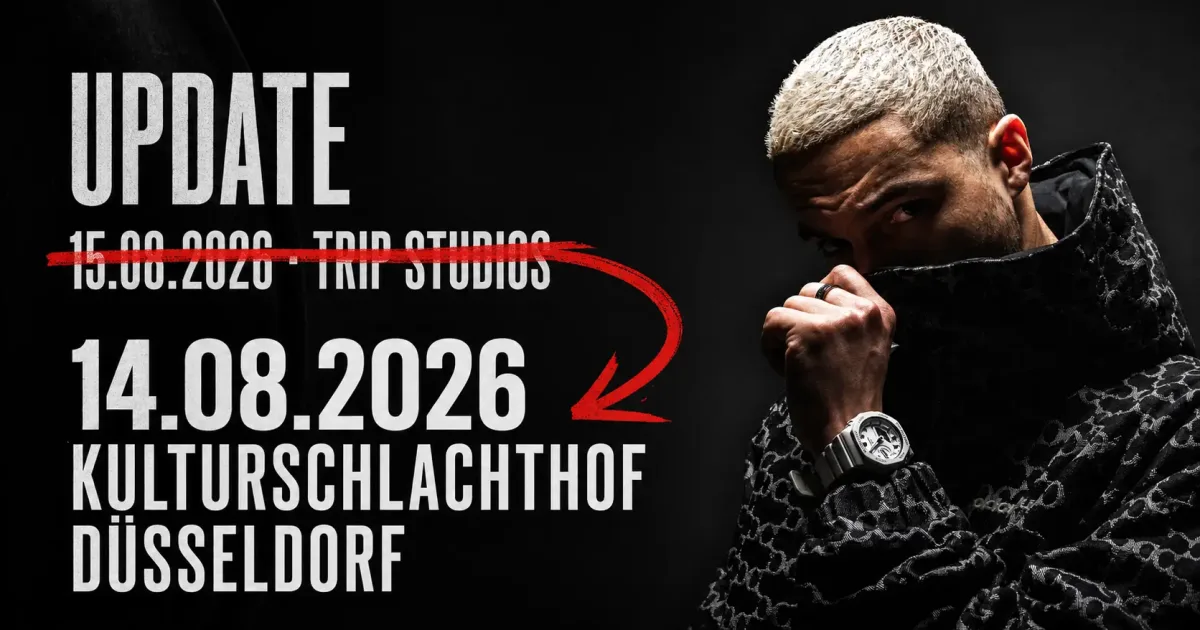 KX CHR vor schwarzem Hintergrund mit durchgestrichenem Hinweis auf den 15. August in den TRIP STUDIOS und neuem Termin am 14. August 2026 im Kulturschlachthof Düsseldorf